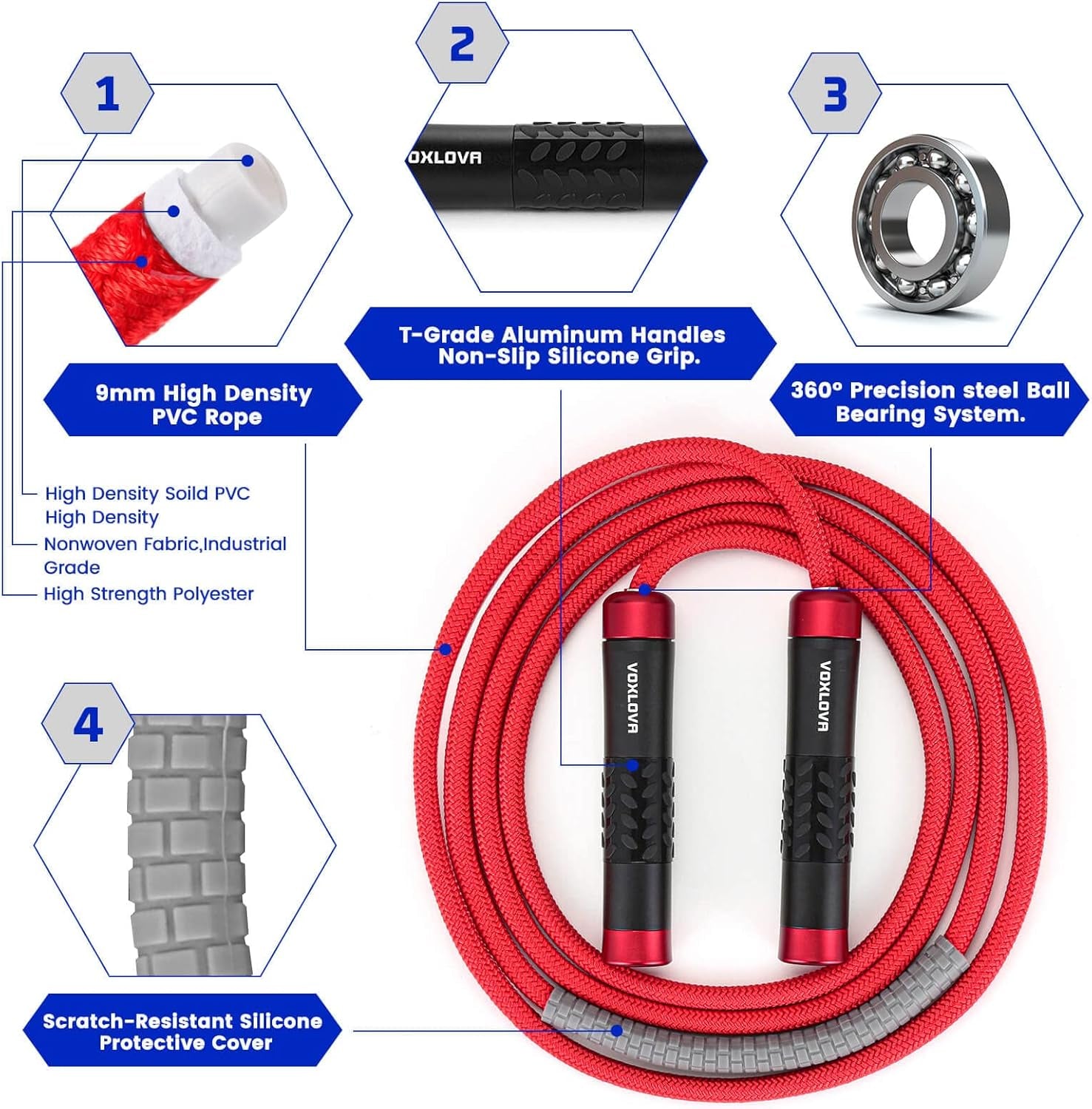 VOXLOVA Weighted Jump Rope – 1LB Heavy Jump Rope for Men & Women | Adjustable 9MM Rope with Non-Slip Aluminum Handles | Cardio, HIIT & Fitness Training